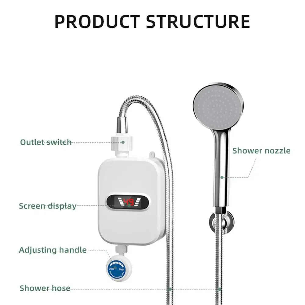 (image for) 3000W/3500W Portable Mini Water Heater 110V/220V Instant Electric Heater IPX4 Waterproof Adjustable Temperature for Shower EU/UK/US Plug