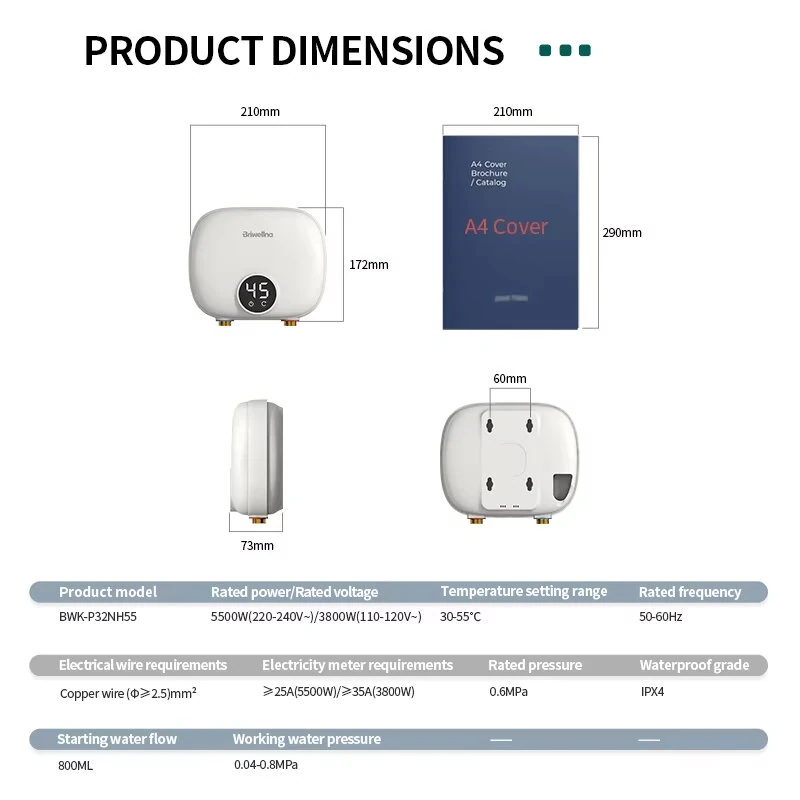 (image for) Briwellna P32 Tankless Water Heater 110V/220V On-Demand Hot Water Compact Size Smart Protection for Kitchen,Bathroom,Balcony